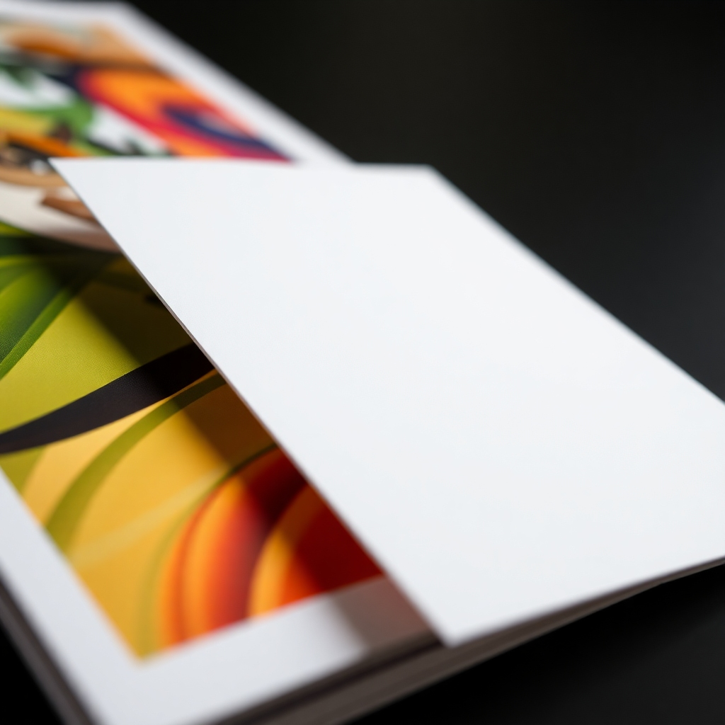 A close-up shot of beautifully printed materials, highlighting the vibrancy of the colors, the sharpness of the print, and the texture of the paper. The style should be sophisticated and luxurious, emphasizing the quality of our printing services.