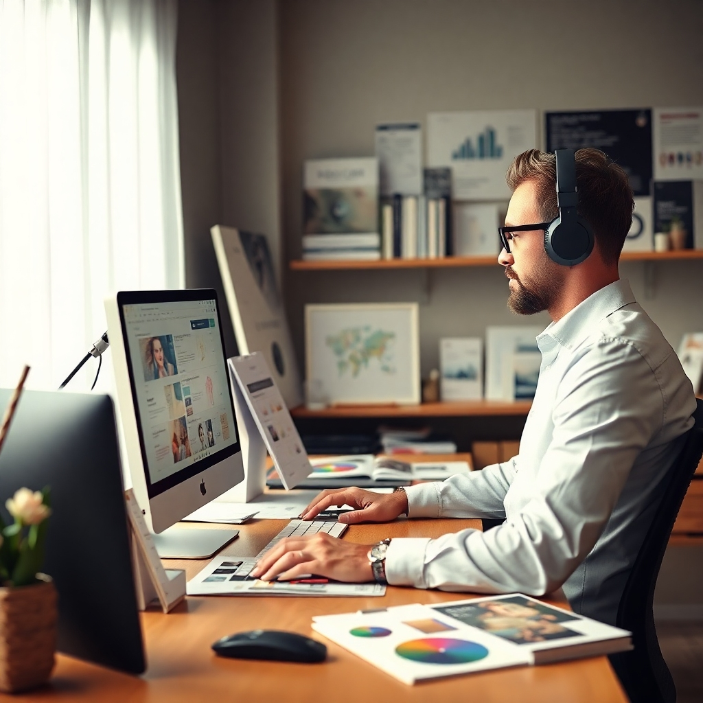 A photorealistic image of a designer working on a computer, surrounded by design elements and printed materials.  Showcase a modern, well-lit workspace. The style should be professional and creative, reflecting the high quality of our design services.