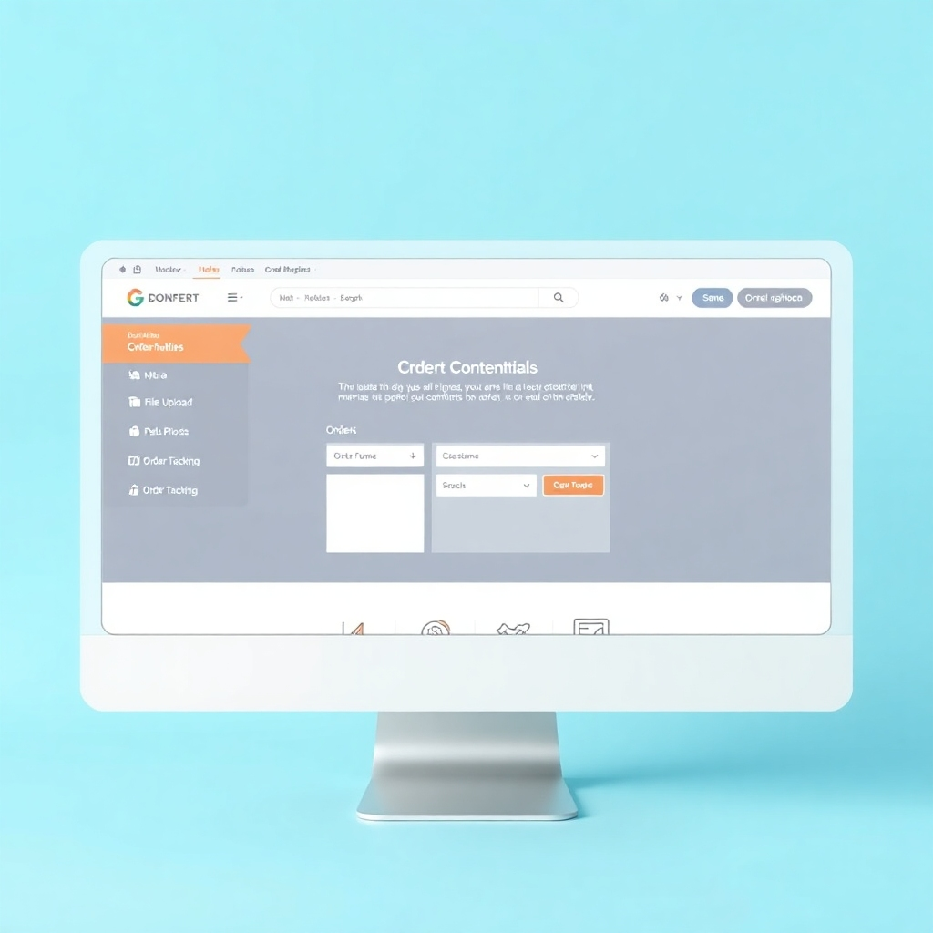 Generate a photorealistic image of a user-friendly online interface for ordering print materials. Show a clean and intuitive design with options for customization, file uploads, and order tracking. Emphasize ease of use and the seamless digital experience. The color palette should be modern and inviting, and the lighting should be crisp and clear. The overall mood should be professional and reassuring, conveying the simplicity of our online ordering process.