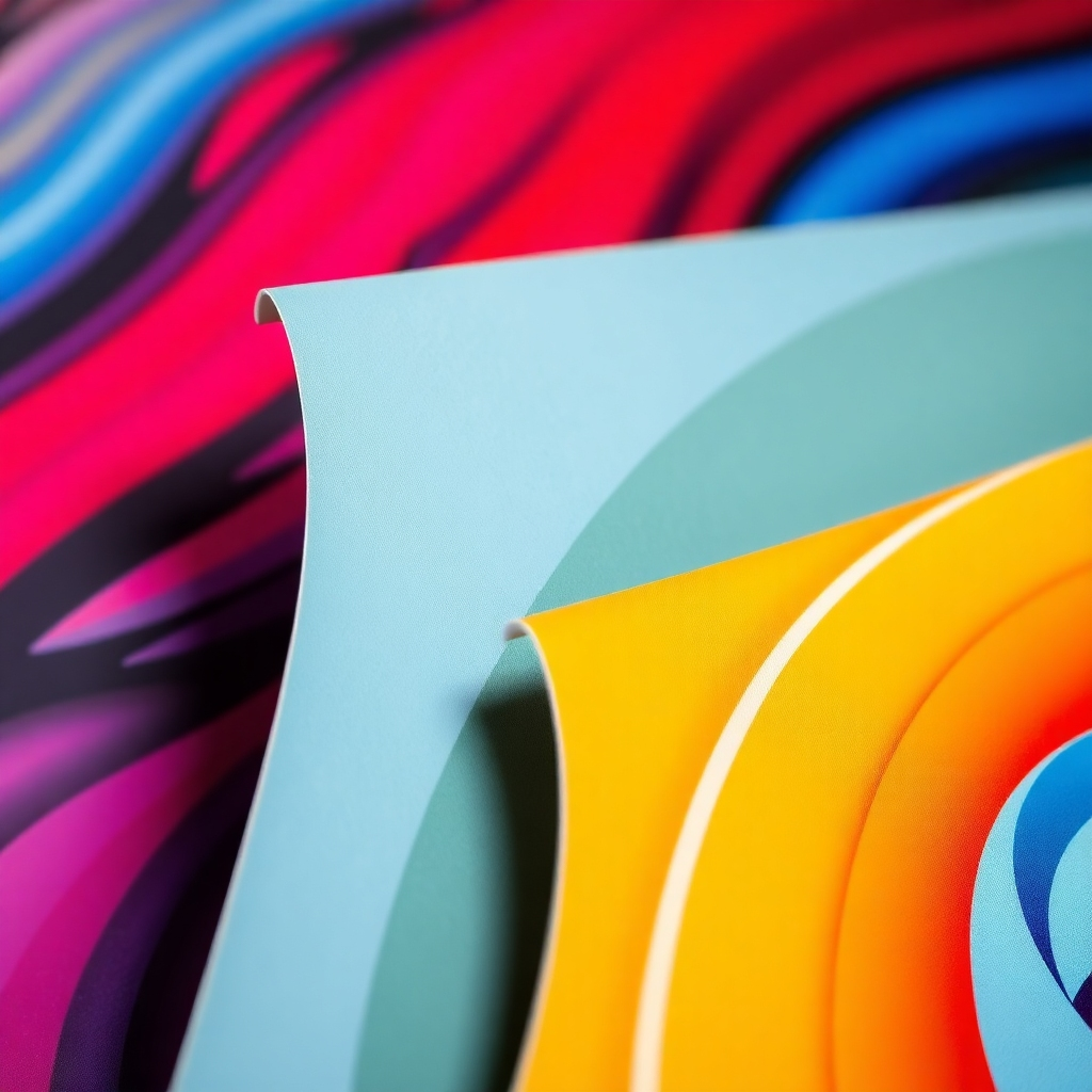 Showcase high-quality printed materials in a stylized close-up shot. Highlight the texture, vibrancy of colors, and sharpness of the print.  The color palette should be vivid and luxurious, showcasing the superior quality of the materials. The image should be sharply focused, emphasizing the details. The lighting should be carefully controlled to highlight the richness and depth of colors. The style should be sophisticated and aspirational, suggesting a premium product.